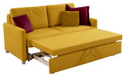 Gelbes Funktionssofa mit ausgezogener Liegefläche, zwei lila und einem gelben Kissen, seitliche Perspektive