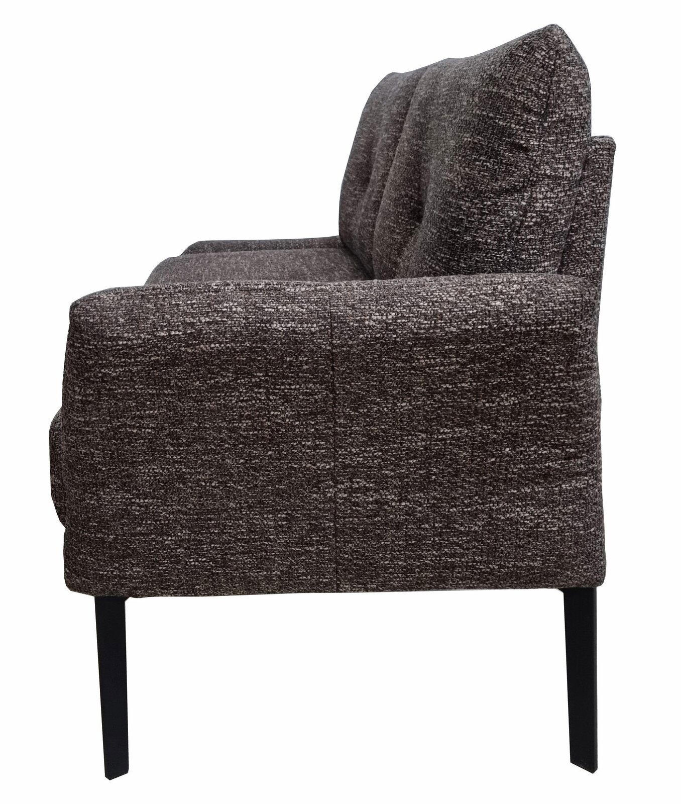 Seitenansicht der Moderano Bank SINGARPUR mit Armlehne, 164 cm, in dunkelgrauem Stoffbezug mit schwarzen Metallbeinen.