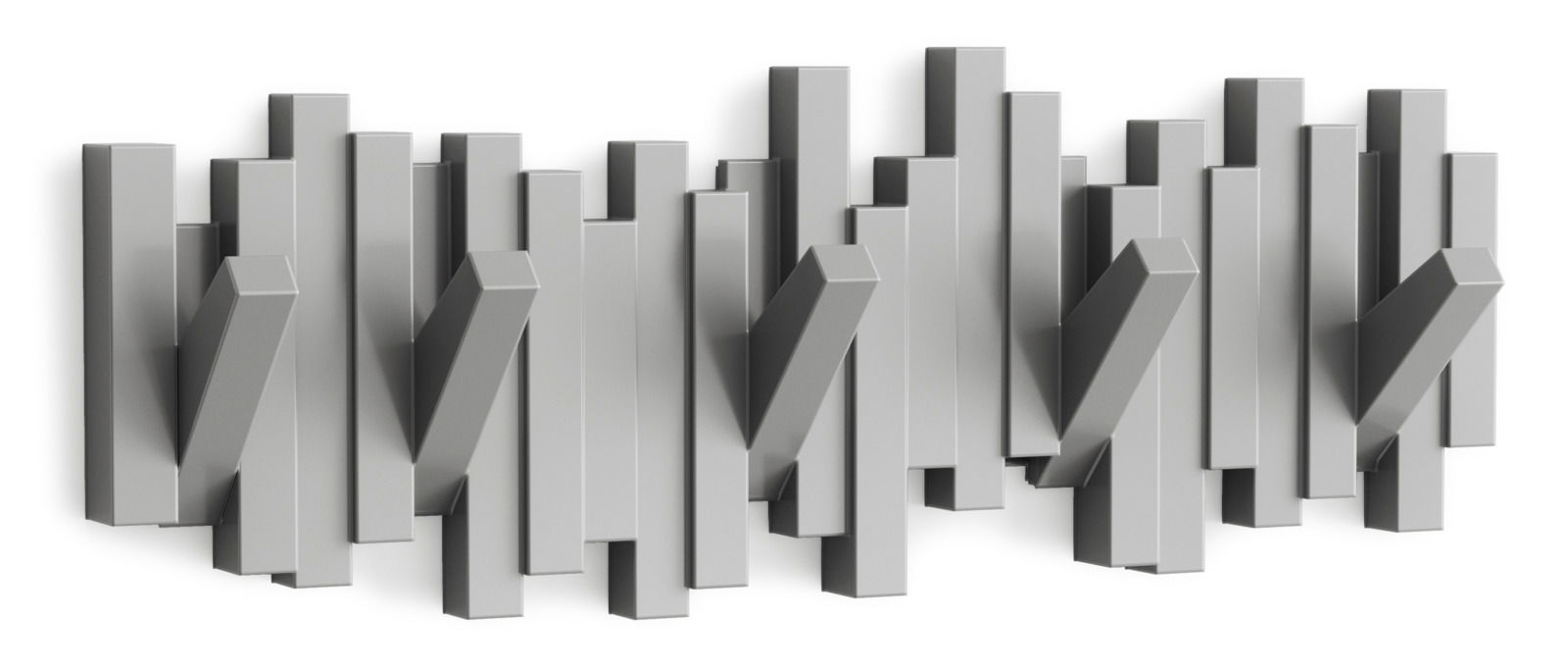 Moderne Wandgarderobe aus Metall mit mehreren Haken, perspektivisch von vorne betrachtet.