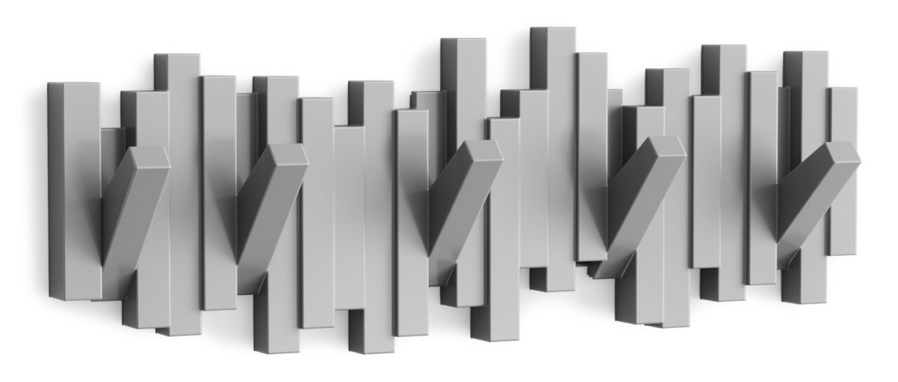 Umbra Wandgarderobe STICKS Moderne Wandgarderobe aus Metall mit mehreren Haken, perspektivisch von vorne betrachtet.