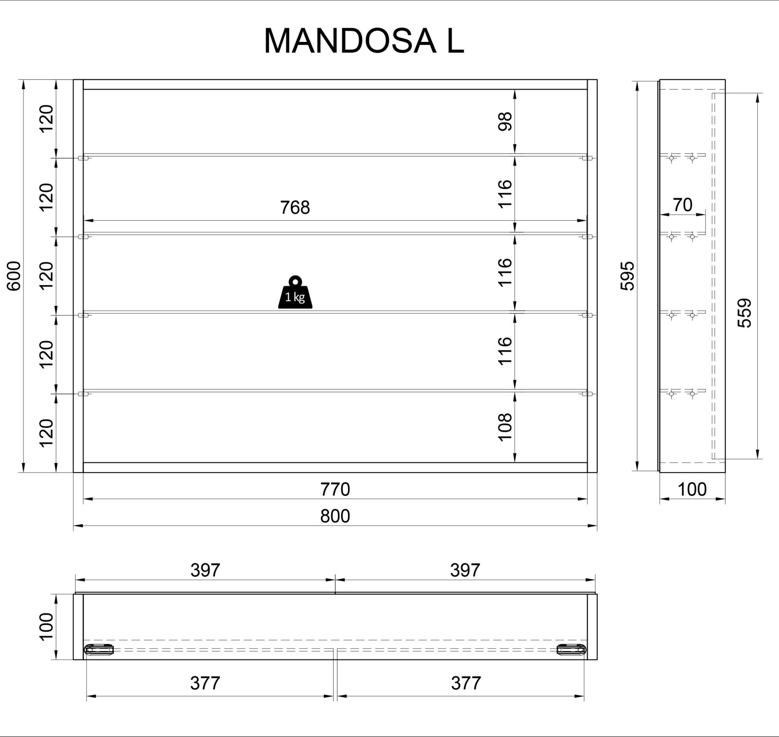 Technische Maßzeichnung des Regals „MANDOSA L“ in Vorderansicht mit Seitenansicht; Maße ca. 800 mm Breite, 600 mm Höhe und 100 mm Tiefe, Fachbreite 768 mm, Traglast 1 kg.