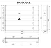 Technische Maßzeichnung des Regals „MANDOSA L“ in Vorderansicht mit Seitenansicht; Maße ca. 800 mm Breite, 600 mm Höhe und 100 mm Tiefe, Fachbreite 768 mm, Traglast 1 kg.