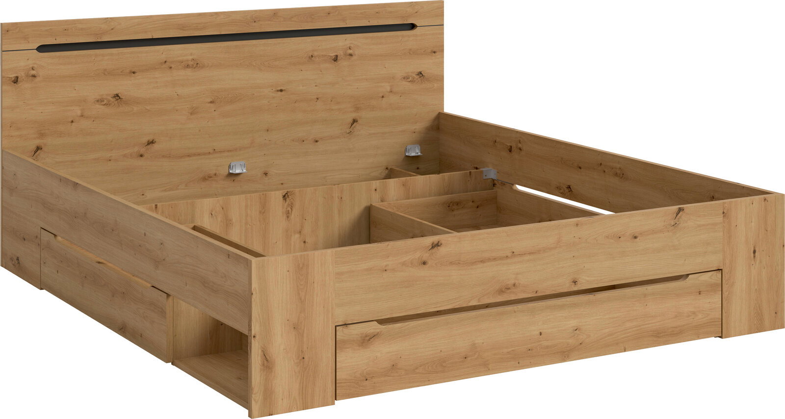 Holzbettgestell in Eiche-Optik mit geöffnetem Stauraum und integrierten Schubladen, gezeigt in schräger Vorderansicht von rechts