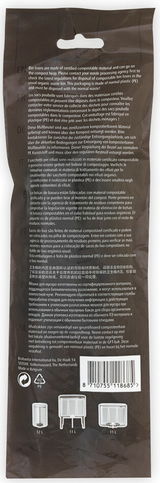 Rückansicht einer Verpackung für Müllbeutel aus zertifiziert kompostierbarem Material, mit mehrsprachiger Beschreibung und Symbolen für verschiedene Mülleimergrößen.
