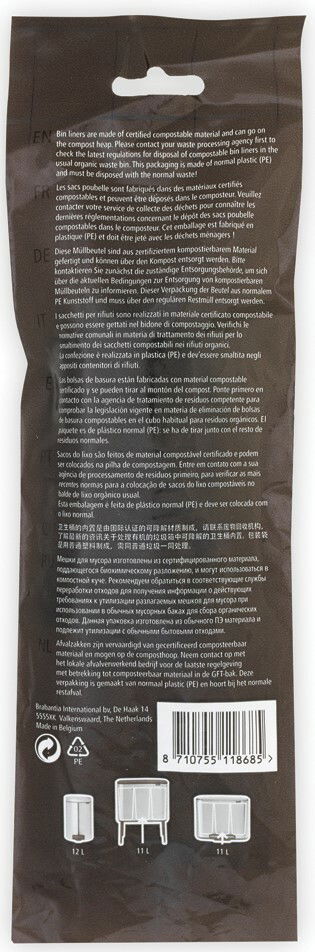 Rückansicht einer Verpackung für Müllbeutel aus zertifiziert kompostierbarem Material, mit mehrsprachiger Beschreibung und Symbolen für verschiedene Mülleimergrößen.