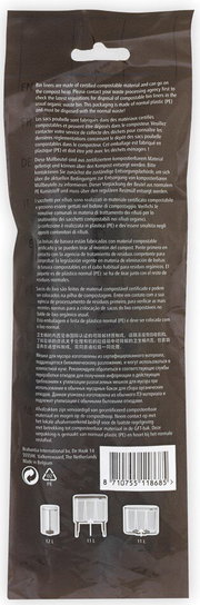 Rückansicht einer Verpackung für Müllbeutel aus zertifiziert kompostierbarem Material, mit mehrsprachiger Beschreibung und Symbolen für verschiedene Mülleimergrößen.