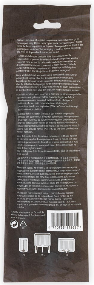 Brabantia 10 vuilniszakken Rückansicht einer Verpackung für Müllbeutel aus zertifiziert kompostierbarem Material, mit mehrsprachiger Beschreibung und Symbolen für verschiedene Mülleimergrößen.