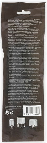 Rückansicht einer Verpackung für Müllbeutel aus zertifiziert kompostierbarem Material, mit mehrsprachiger Beschreibung und Symbolen für verschiedene Mülleimergrößen.