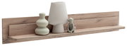 Langes Wandregal aus Holzoptik mit Rückwand und Ablagefläche, dekoriert mit Vase, Tischlampe und kleiner Figur, in frontaler leicht schräger Perspektive freigestellt auf weißem Hintergrund