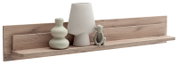 Langes Wandregal aus Holzoptik mit Rückwand und Ablagefläche, dekoriert mit Vase, Tischlampe und kleiner Figur, in frontaler leicht schräger Perspektive freigestellt auf weißem Hintergrund
