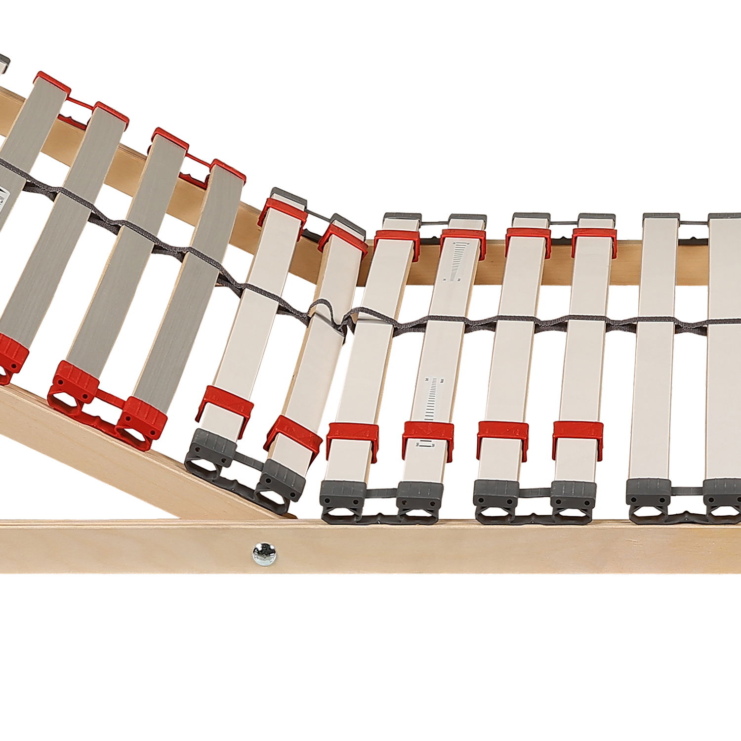 Nahaufnahme eines verstellbaren Lattenrosts mit roten und grauen Kunststoffelementen, seitliche Perspektive