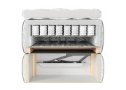 Querschnitt eines Boxspringbetts mit sichtbaren Schichten und Federkern, seitliche Perspektive