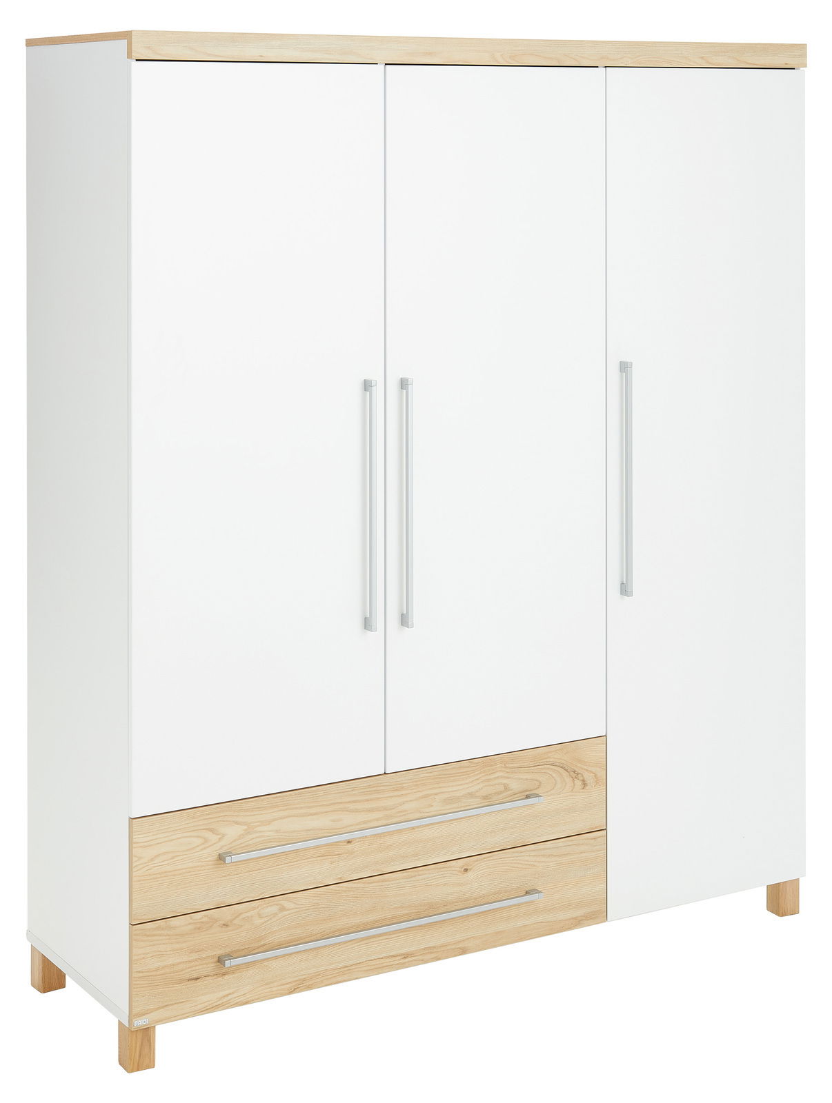 Dreitüriger Kleiderschrank in Weiß mit Holzdetails, Frontansicht