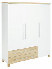 Dreitüriger Kleiderschrank in Weiß mit Holzdetails, Frontansicht