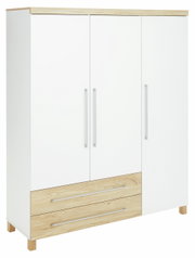 Dreitüriger Kleiderschrank in Weiß mit Holzdetails, Frontansicht