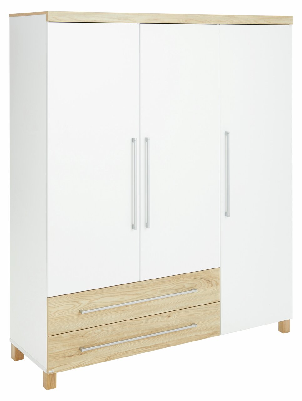 Dreitüriger Kleiderschrank in Weiß mit Holzdetails, Frontansicht