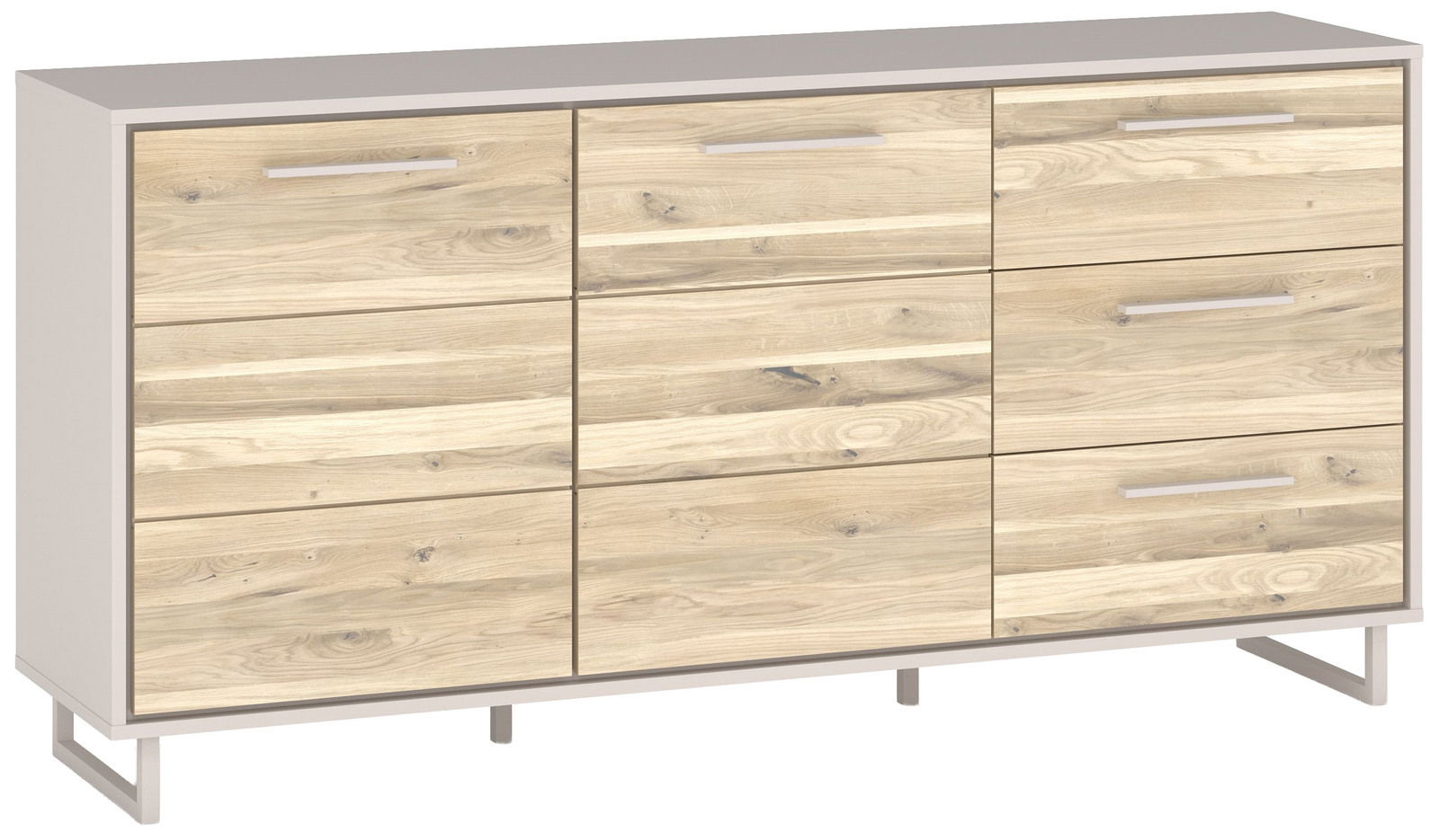 Modernes Sideboard mit Holzoptik und Metallgriffen, seitliche Perspektive