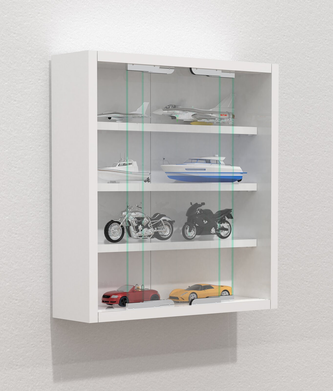 Weiße, wandmontierte Vitrine mit Glasschiebetüren und mehreren Ablageböden, bestückt mit Modellfahrzeugen (Flugzeuge, Boote, Motorräder, Autos), in leicht schräger Frontansicht von links.