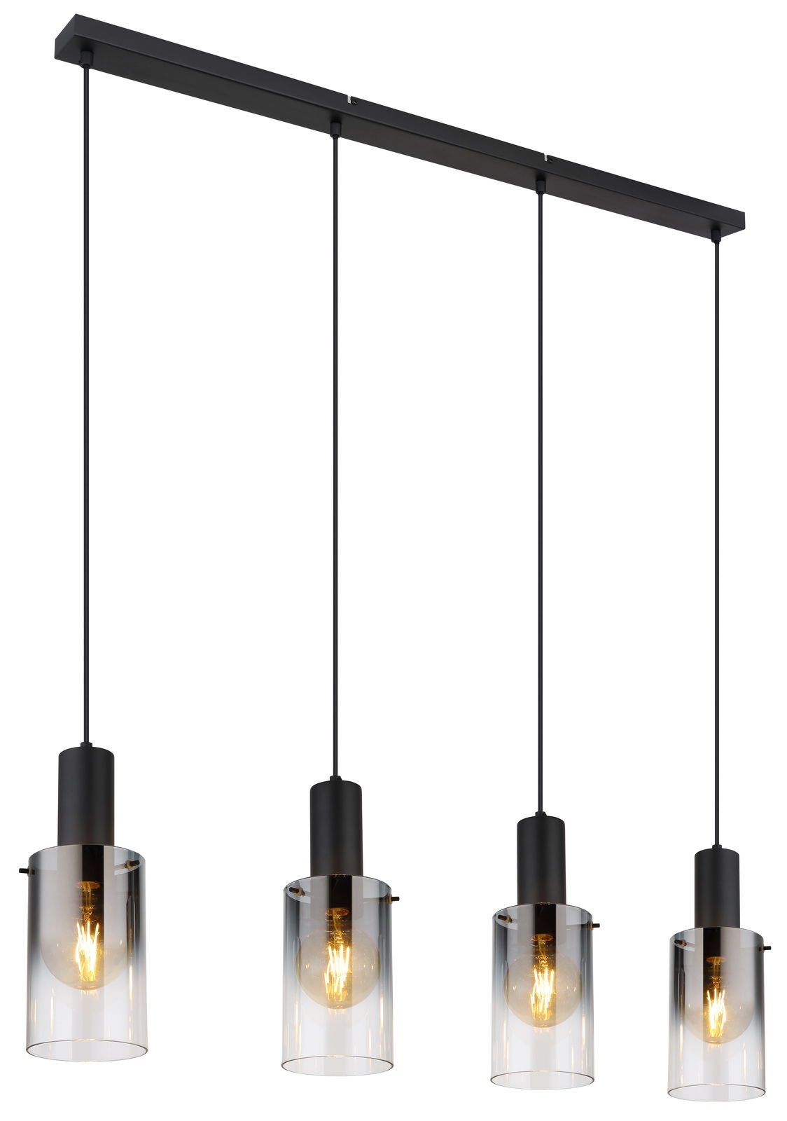 Moderne Hängeleuchte FLORENTINA mit vier klaren Glasschirmen und schwarzem Gestell, seitliche Perspektive.