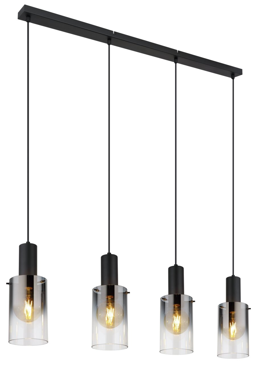 Moderne Hängeleuchte FLORENTINA mit vier klaren Glasschirmen und schwarzem Gestell, seitliche Perspektive.