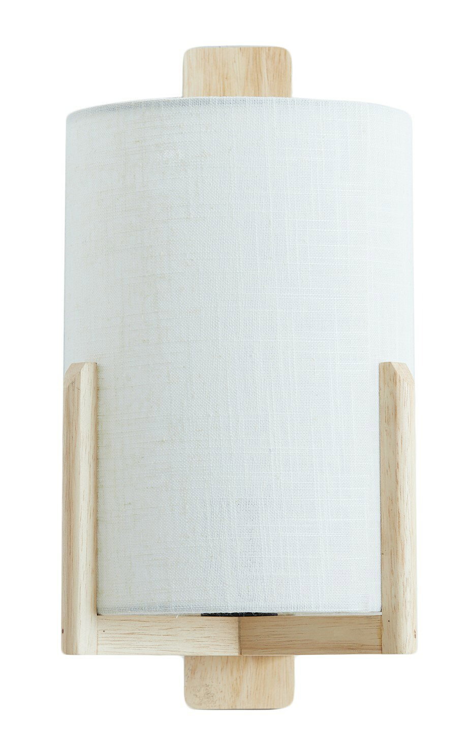 Frontale Ansicht einer modernen Wandleuchte mit weißem Stoffschirm und Holzdetails.