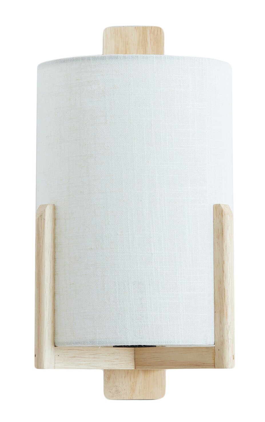 Vooraanzicht van een moderne wandlamp met een witte stoffen kap en houten details.