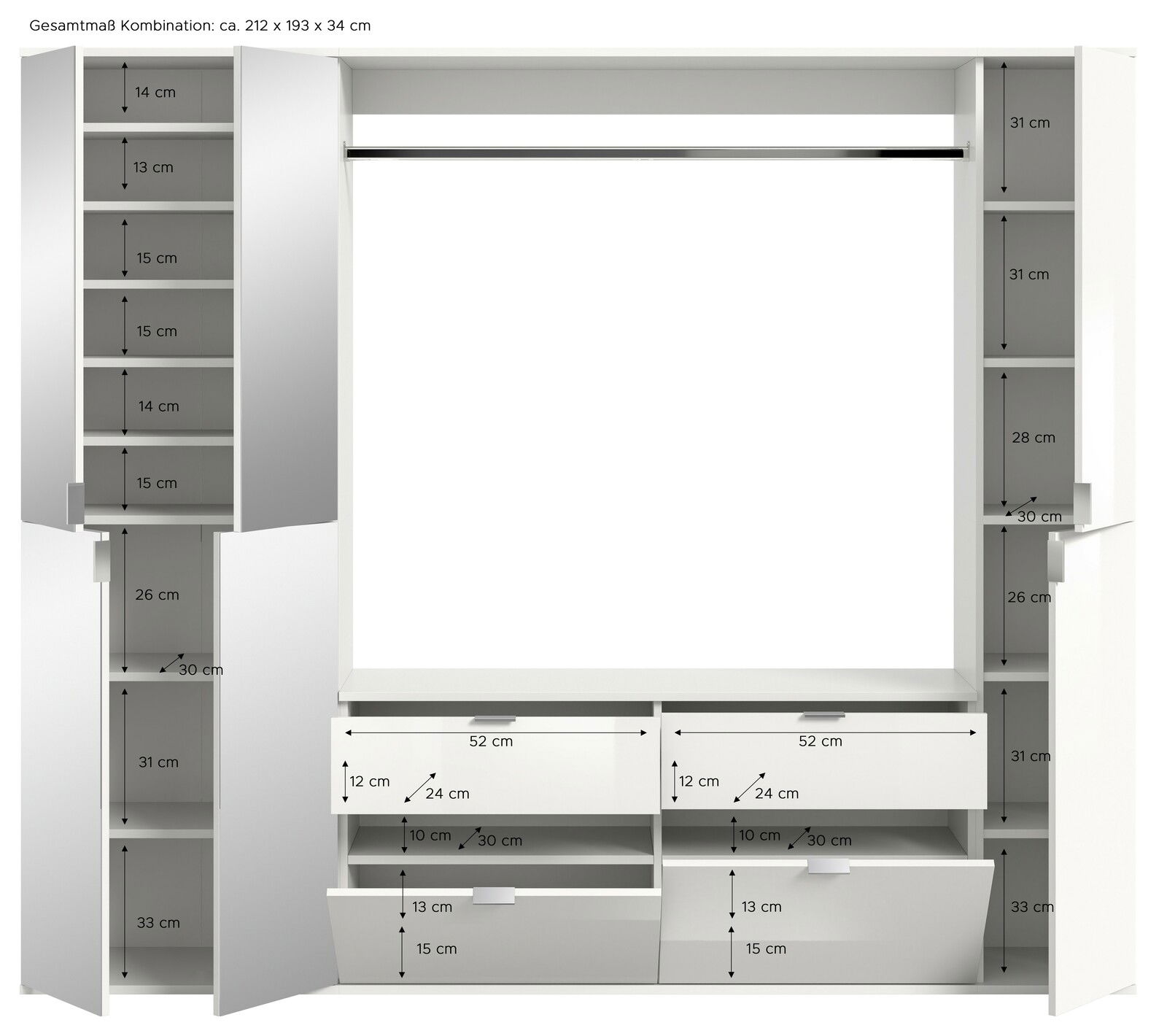 Frontale Ansicht einer Garderobenkombination mit mehreren Schränken, Regalen und Schubladen, Gesamtmaße ca. 212 x 193 x 34 cm.