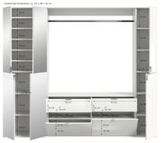 Frontale Ansicht einer Garderobenkombination mit mehreren Schränken, Regalen und Schubladen, Gesamtmaße ca. 212 x 193 x 34 cm.