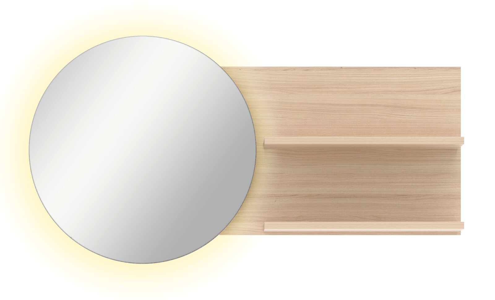Runder Wandspiegel mit Holzpaneel und zwei Ablagen, Ansicht von vorne