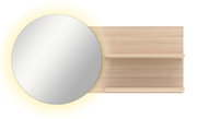 Ronde wandspiegel met houten paneel en twee legplanken, vooraanzicht