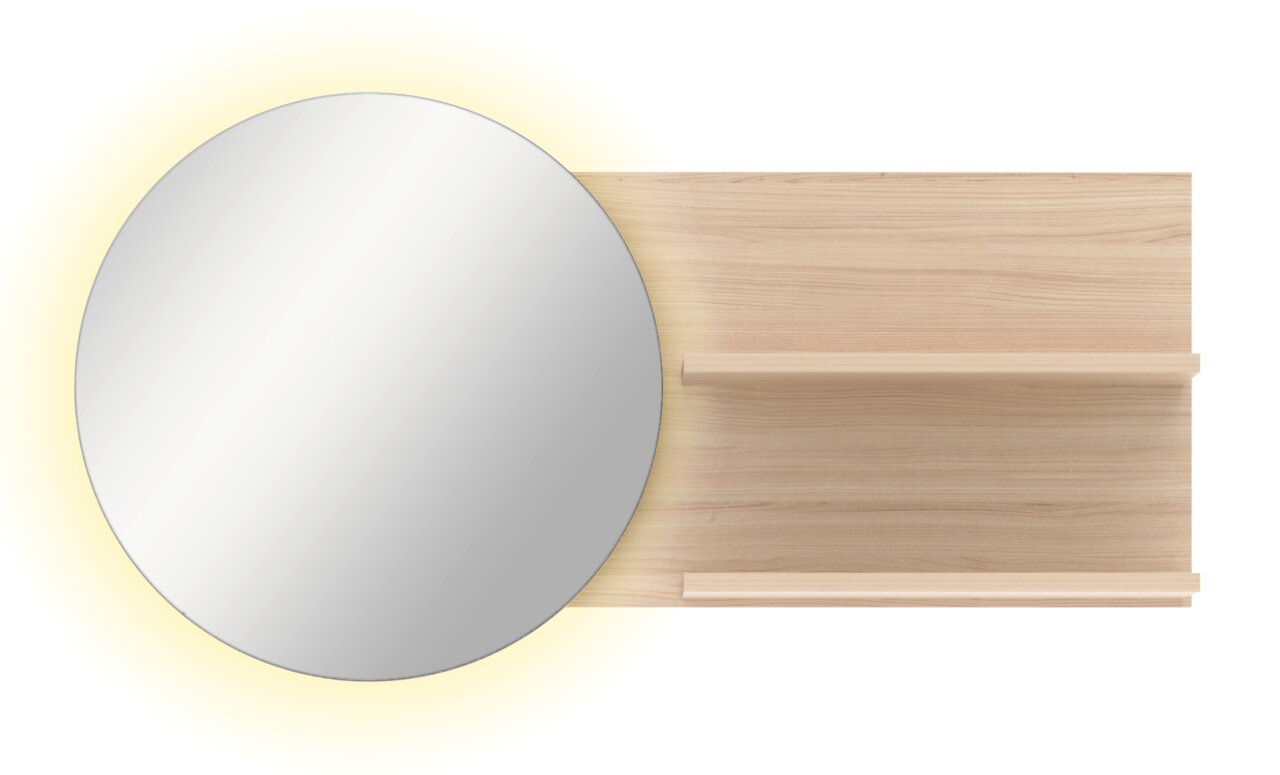 Ronde wandspiegel met houten paneel en twee legplanken, vooraanzicht