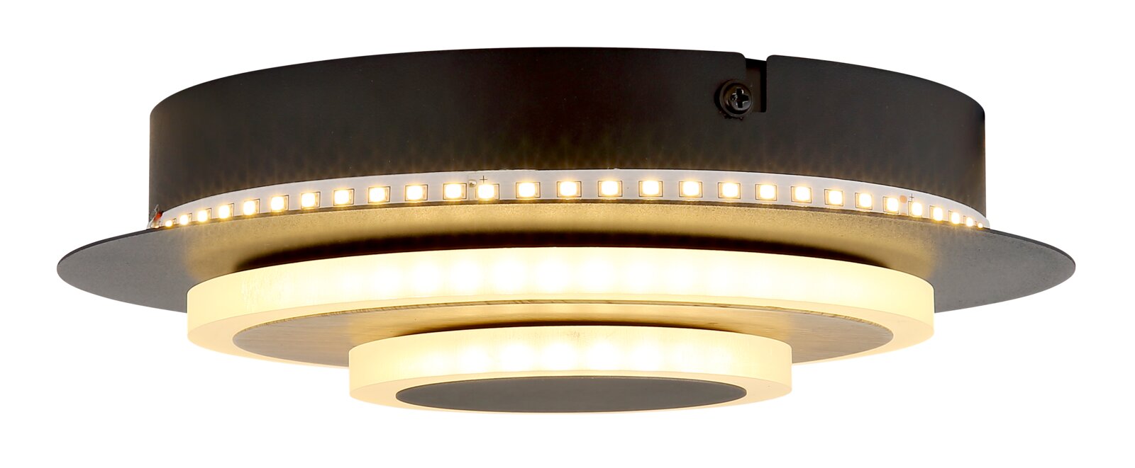 Moderne runde LED-Deckenleuchte in Schwarz mit warmweißem Licht und sichtbarem LED-Ring, Ansicht von unten/leicht seitlich