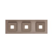 Drei moderne quadratische Wandleuchten in Taupe mit leuchtender, quadratischer Mitte, frontal auf einer dreigeteilten Wandansicht präsentiert