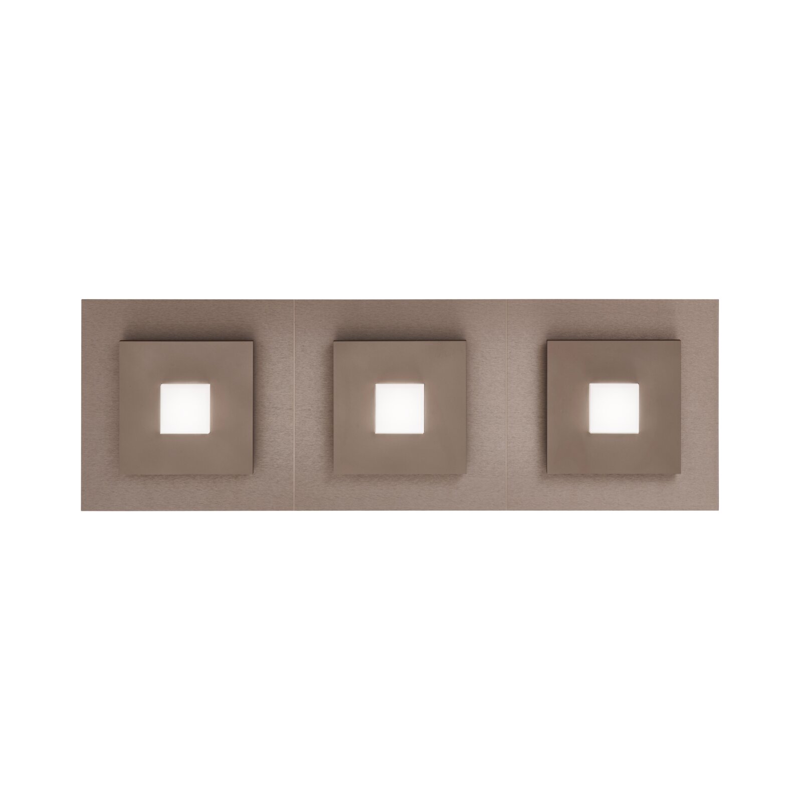 Drei moderne quadratische Wandleuchten in Taupe mit leuchtender, quadratischer Mitte, frontal auf einer dreigeteilten Wandansicht präsentiert