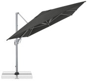 Schwarzer Ampelschirm mit seitlichem Mast und Kurbelmechanismus, auf heller Basis montiert, in seitlicher Schrägansicht von unten vor weißem Hintergrund