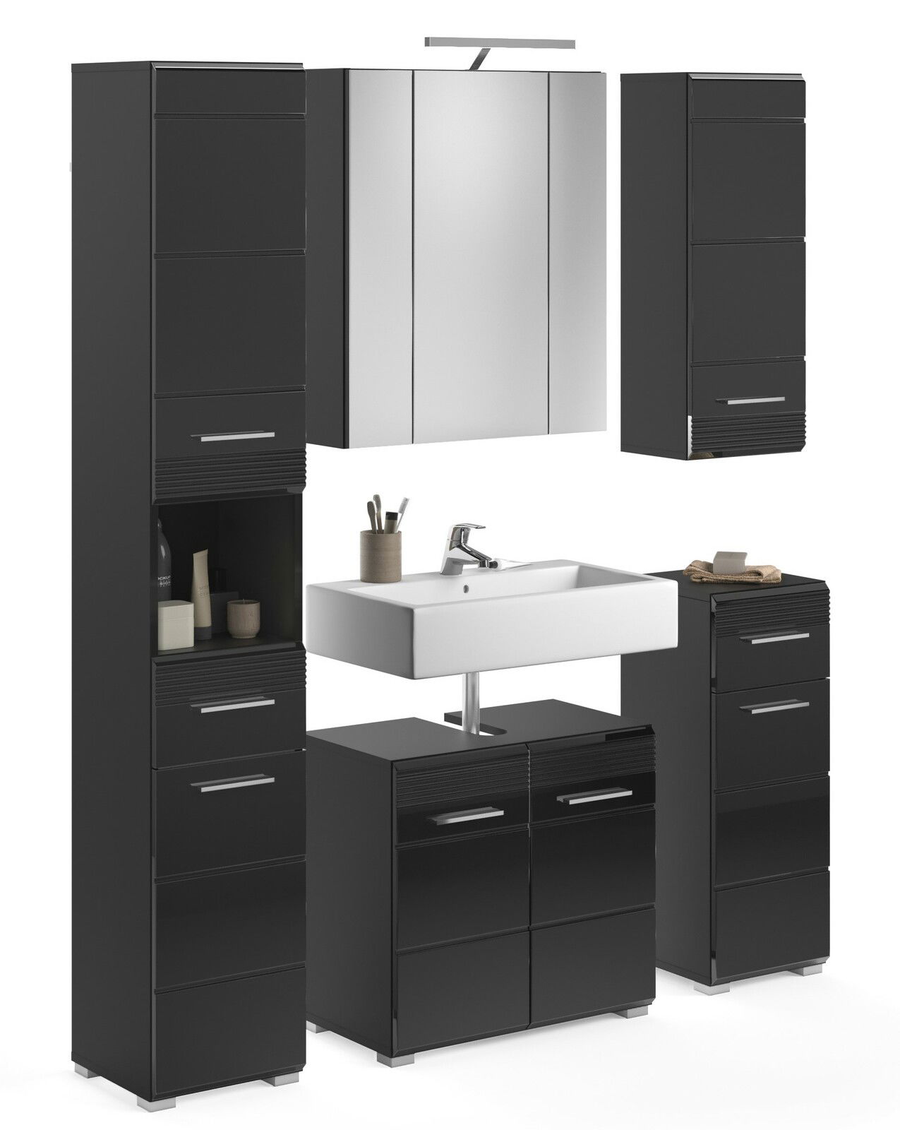 MID.YOU Badkombination LINUS Moderne Badkombination in schwarzem Design mit Waschbecken, Spiegel und Stauraum, frontal betrachtet.