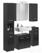 Moderne Badkombination in schwarzem Design mit Waschbecken, Spiegel und Stauraum, frontal betrachtet.