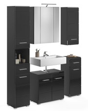Moderne Badkombination in schwarzem Design mit Waschbecken, Spiegel und Stauraum, frontal betrachtet.