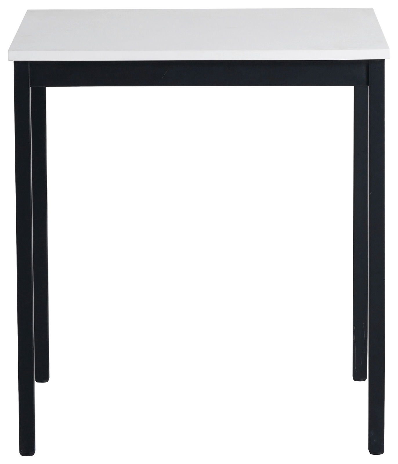Moderner Esstisch mit weißer Tischplatte und schwarzen Beinen, Frontalansicht