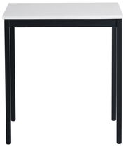 Moderner Esstisch mit weißer Tischplatte und schwarzen Beinen, Frontalansicht