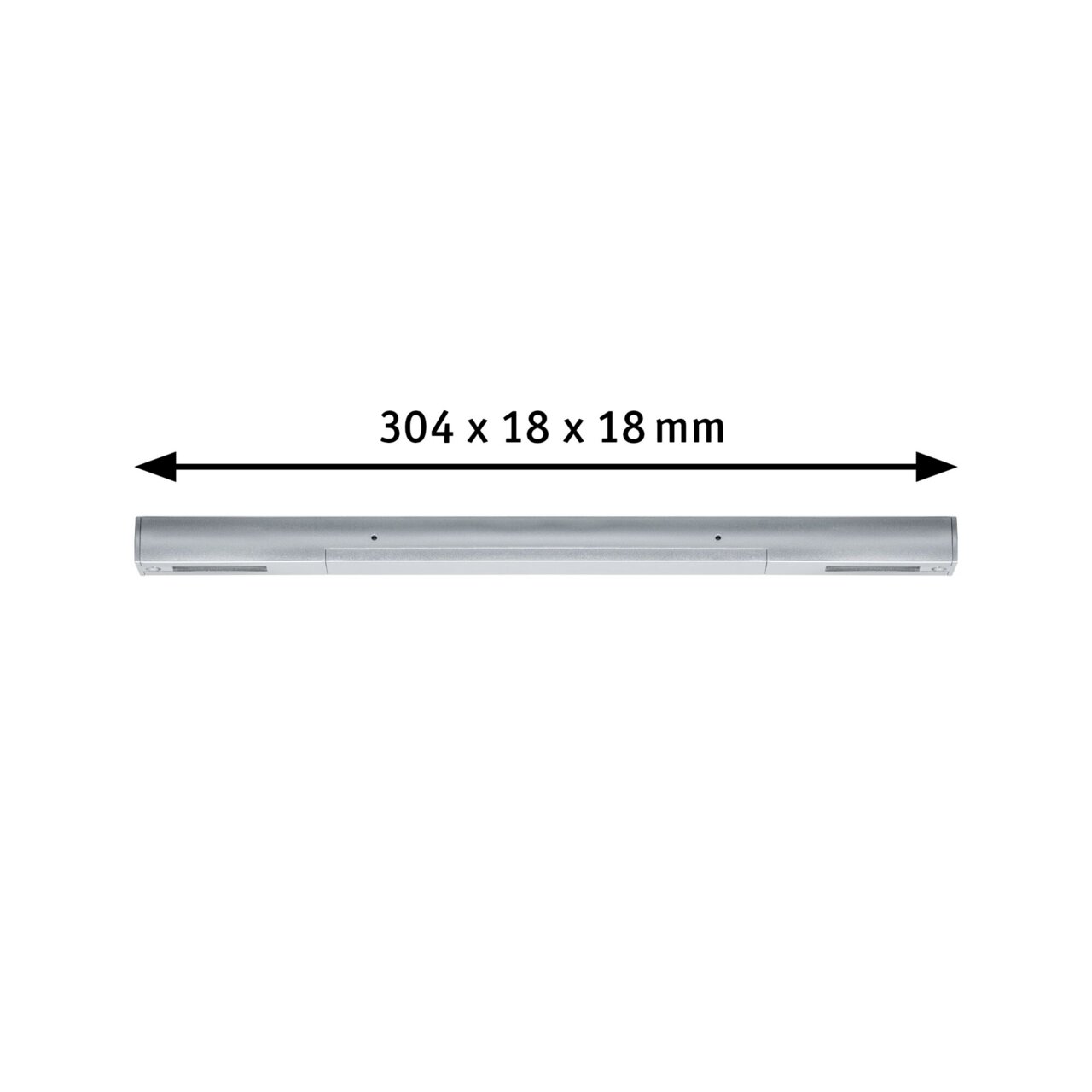 Silberne Stromeinspeisung mit den Maßen 304 x 18 x 18 mm, seitliche Perspektive