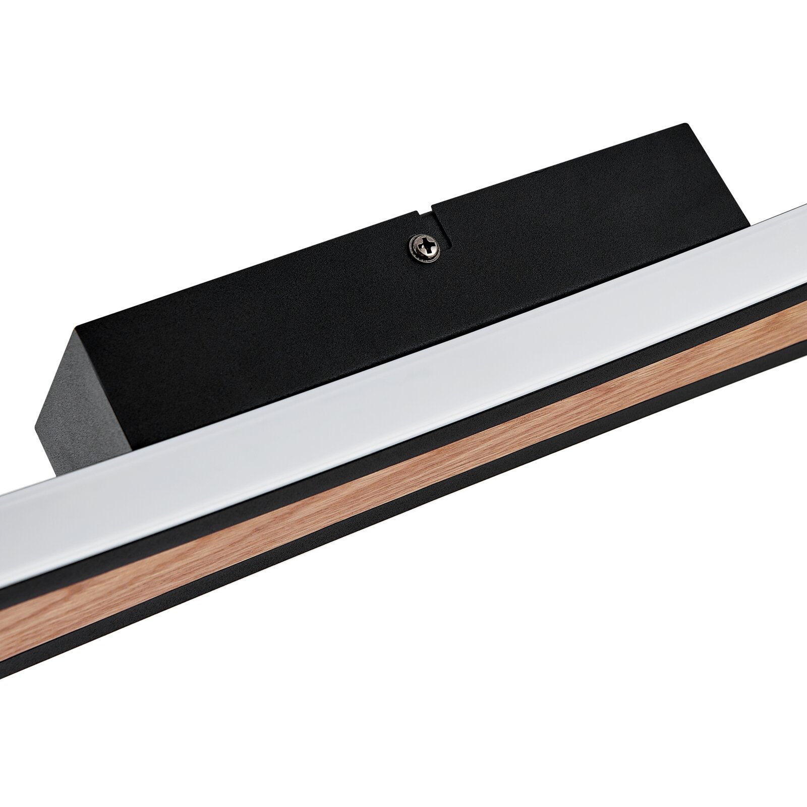 Detailaufnahme einer linearen LED-Leuchte/Wandleuchte in Schwarz mit Holzdekor-Streifen und opaler Lichtabdeckung, gezeigt in schräger Nahaufnahme von oben auf weißem Hintergrund