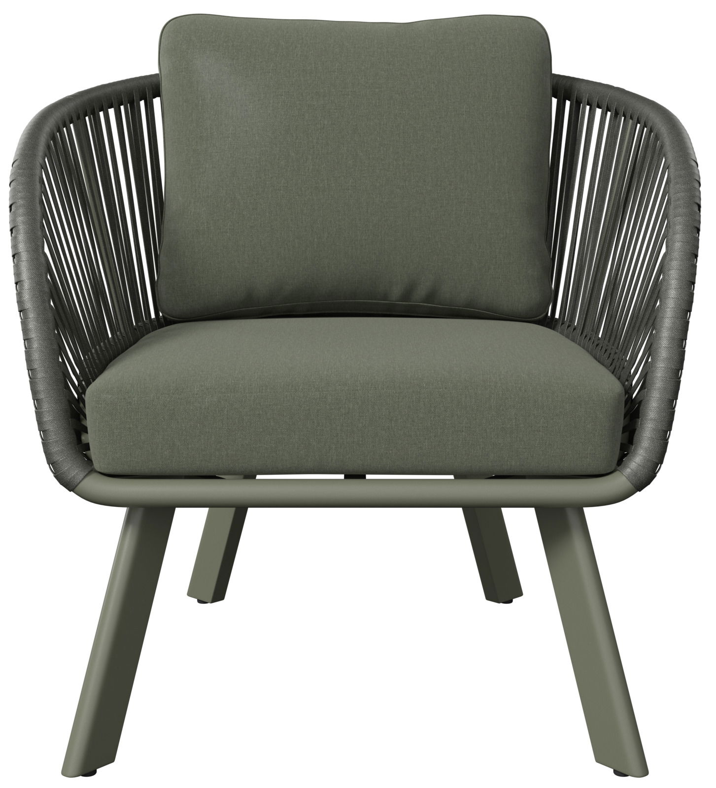 Moderner Loungesessel mit grünem Kissen und schwarzem Rahmen, Frontalansicht