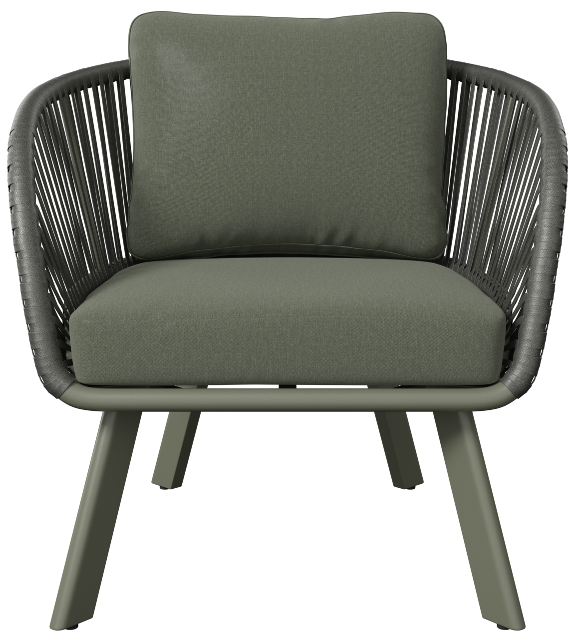 Moderner Loungesessel mit grünem Kissen und schwarzem Rahmen, Frontalansicht