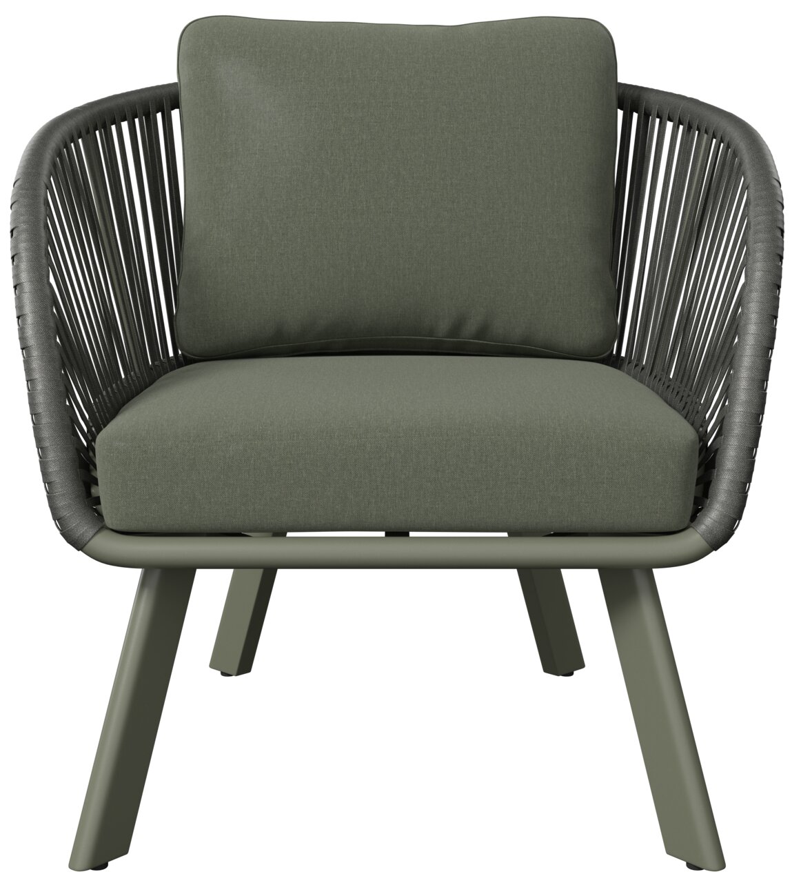 Moderne loungestoel met groen kussen en zwart frame, vooraanzicht
