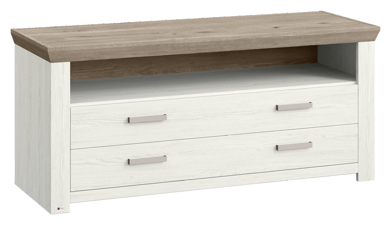 Set one by Musterring Lowboard SET ONE YORK Modernes Lowboard aus Holz in Weiß und Braun mit zwei Schubladen und offenem Fach, seitliche Perspektive