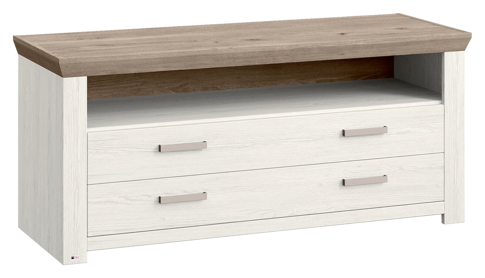 Set one by Musterring Lowboard SET ONE YORK Modernes Lowboard aus Holz in Weiß und Braun mit zwei Schubladen und offenem Fach, seitliche Perspektive