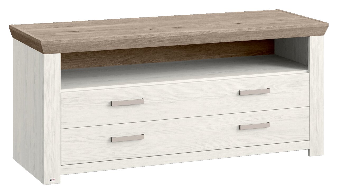 Modern houten lowboard in wit en bruin met twee lades en een open vak, zijaanzicht
