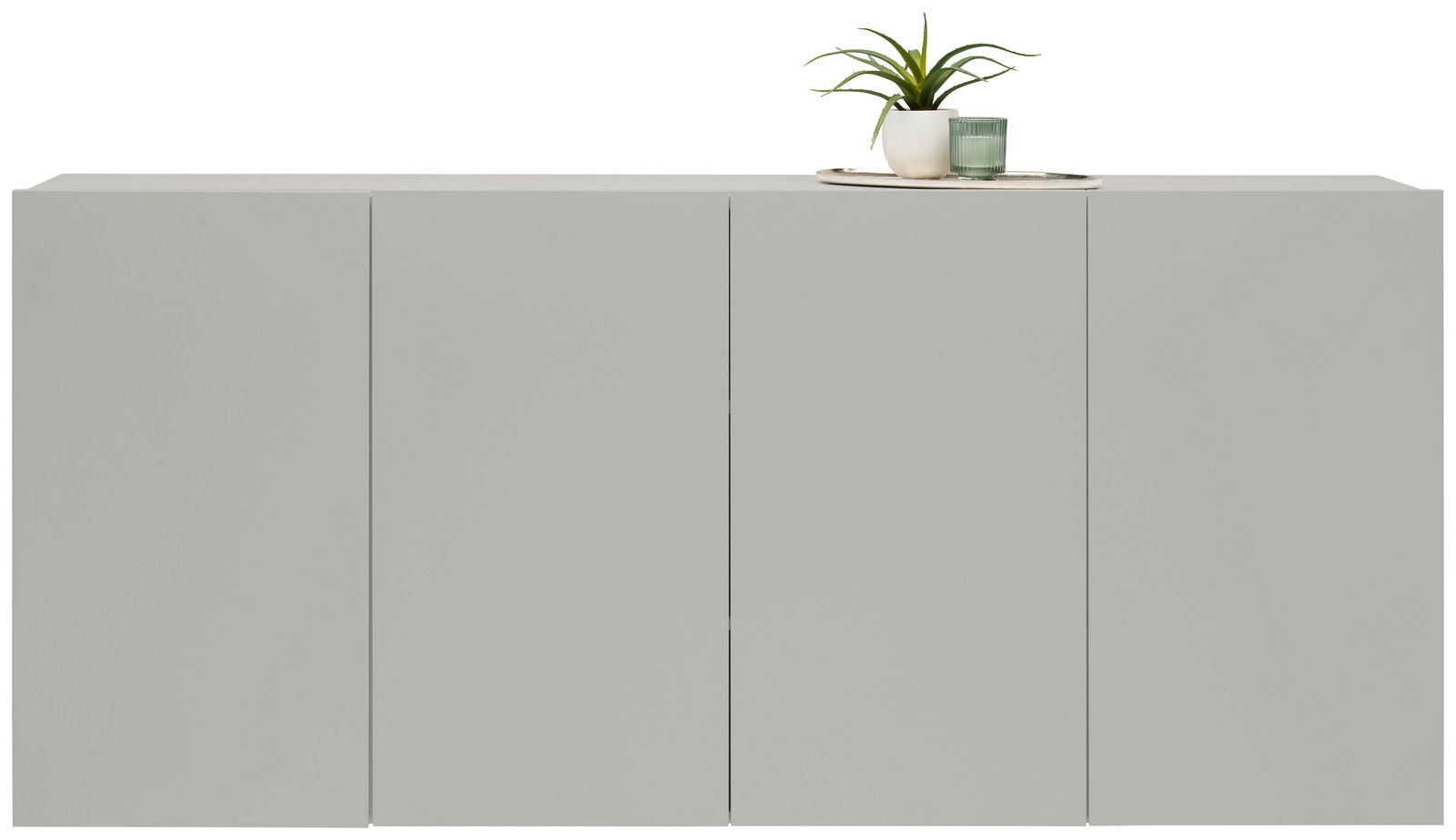 Frontale Ansicht eines modernen, grauen Hängesideboards mit dekorativer Pflanze und Kerze auf der Oberseite.