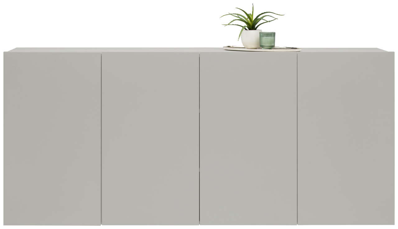 Frontale Ansicht eines modernen, grauen Hängesideboards mit dekorativer Pflanze und Kerze auf der Oberseite.